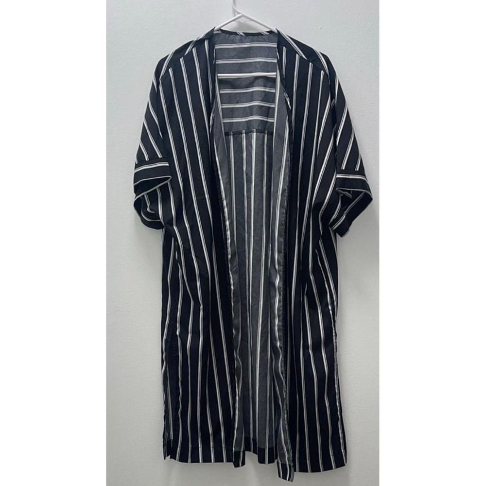 Black White Striped Open Front Kimono Cardigan Longline Cover Up Size Small
